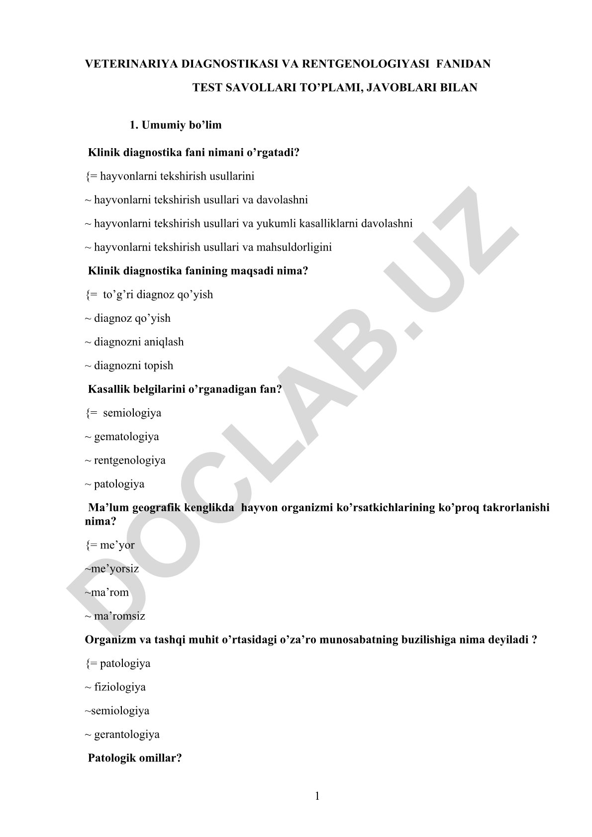 Veterinariya diagnostikasi va rentgenologiyasi fanidan test savollari to'plami