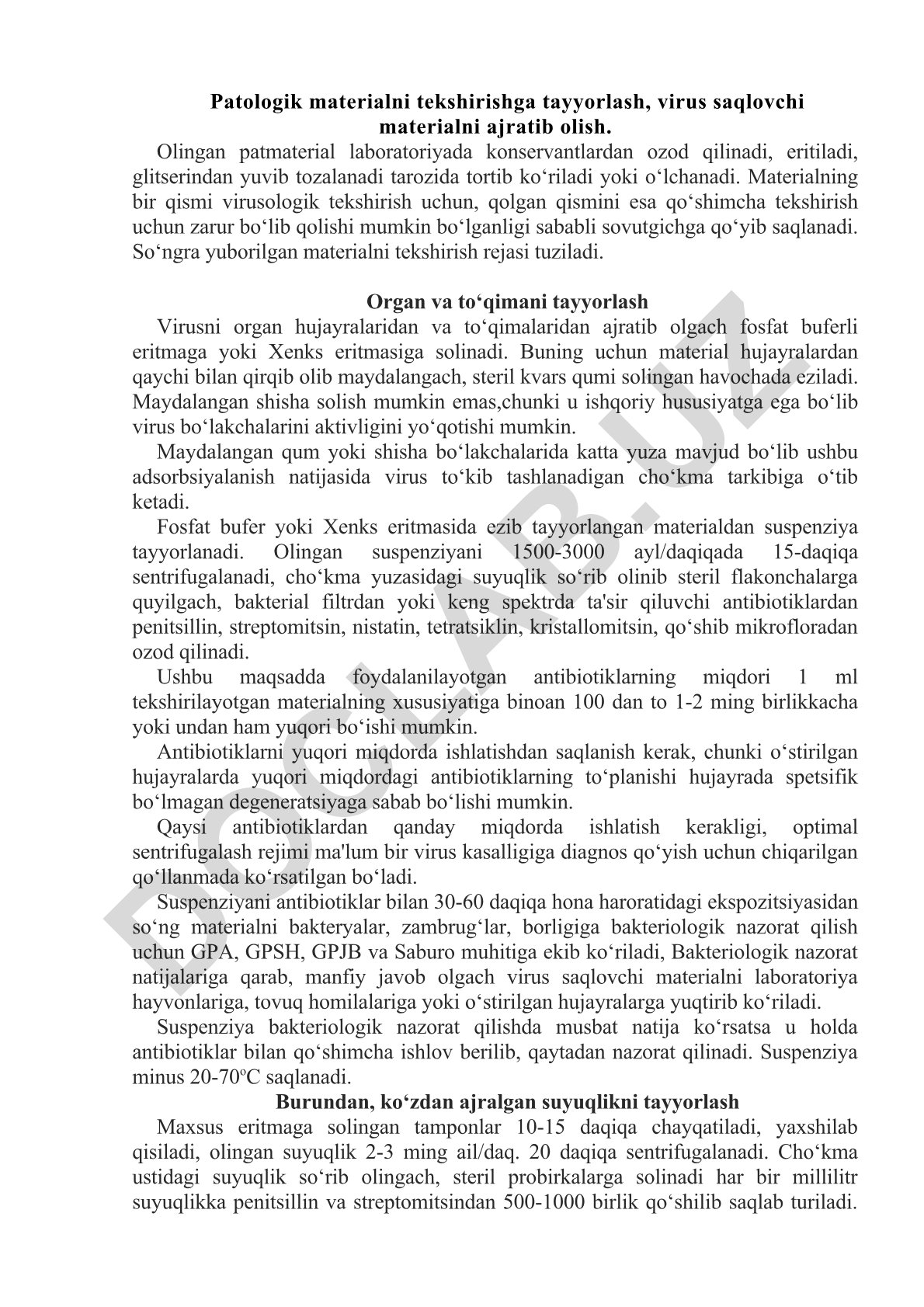 Patologik materialni tekshirishga tayyorlash va virus ajratish