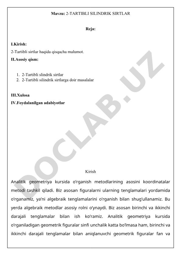 2-Tartibli silindrik sirtlar