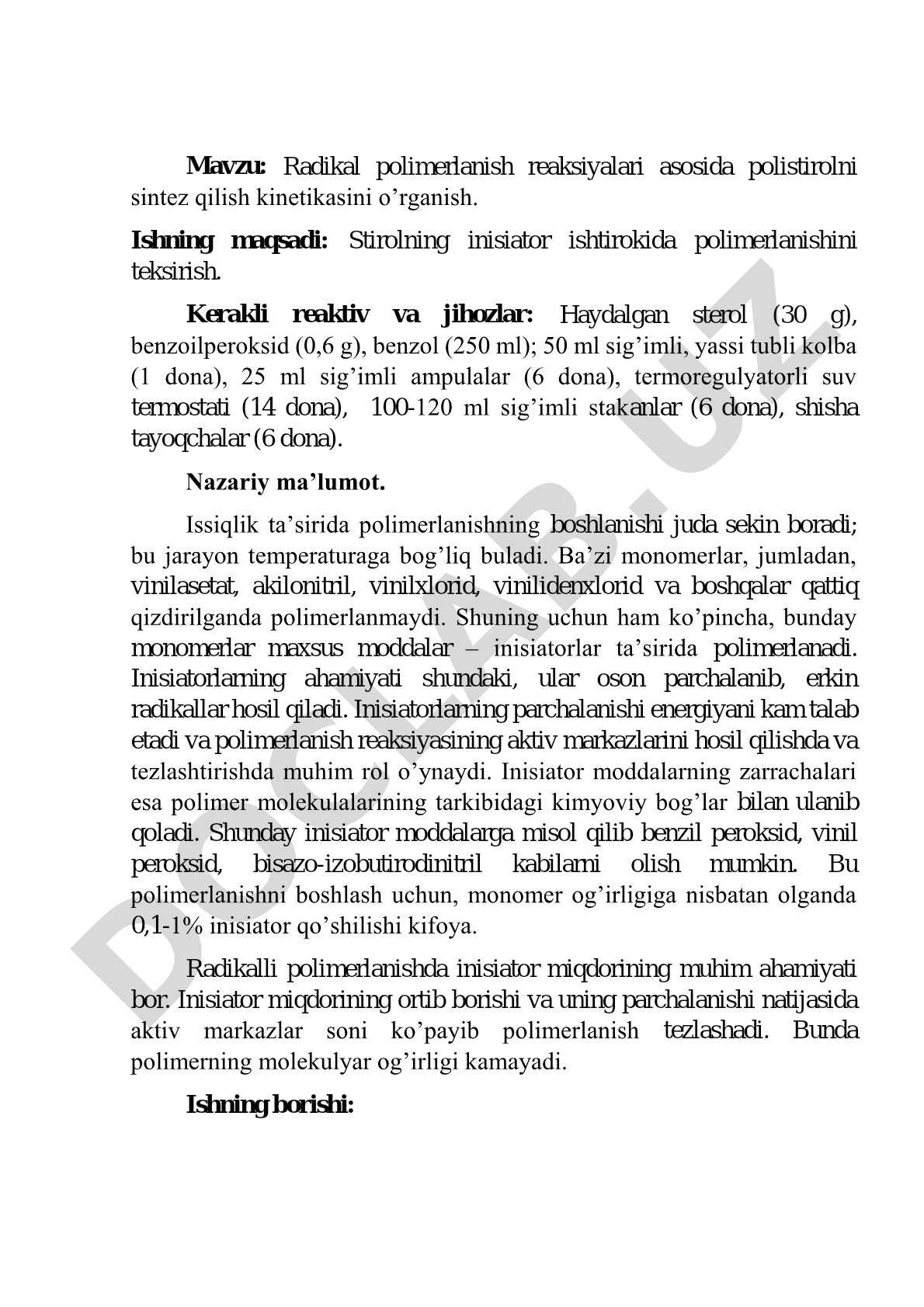 Radikal polimerlanish reaksiyalari asosida polistirolni sintez qilish kinetikasini o’rganish