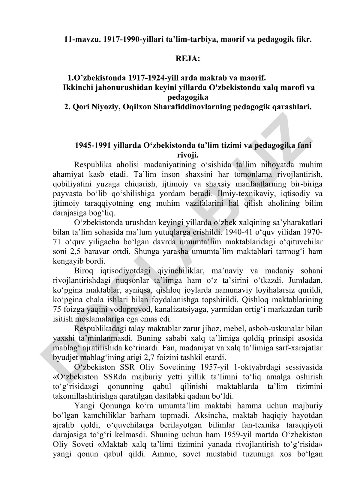 1917-1990-yillarda O'zbekistonda ta'lim-tarbiya, maorif va pedagogik fikr