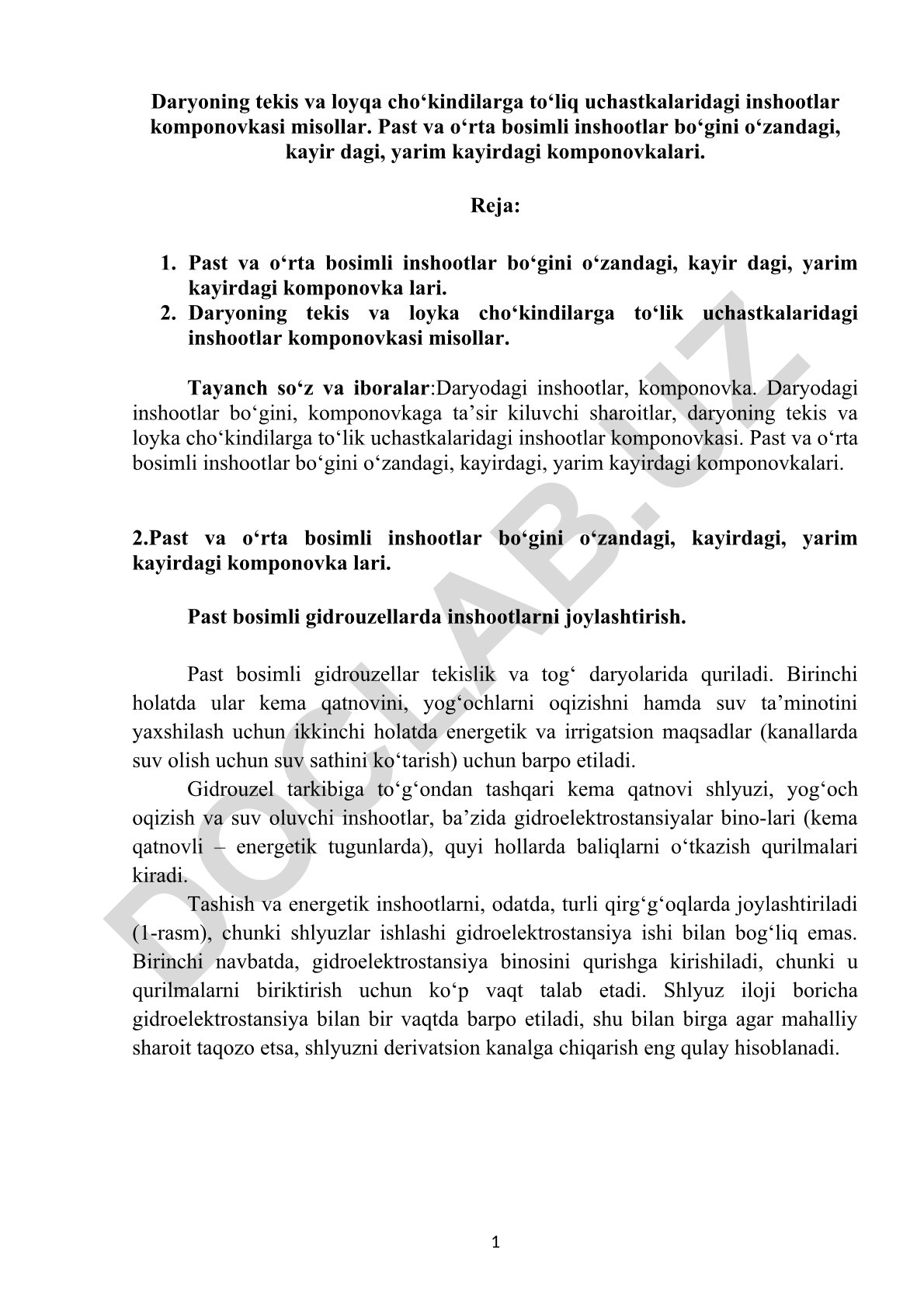 Daryodagi inshootlar komponovkasi va joylashtirish