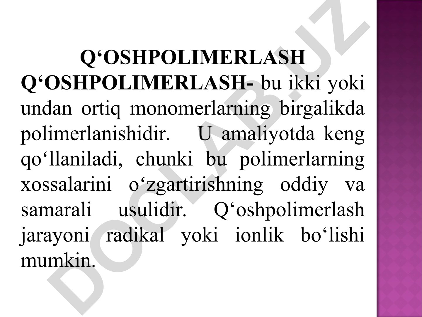Qo'shpolimerlash jarayonlari va xususiyatlari