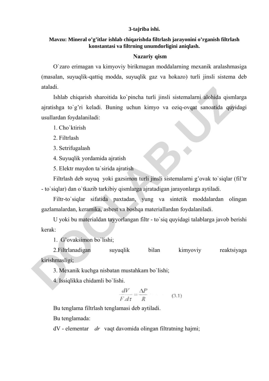 Mineral o’g’itlar ishlab chiqarishda filtrlash jarayonini o’rganish filtrlash konstantasi va filtrning unumdorligini aniqlash