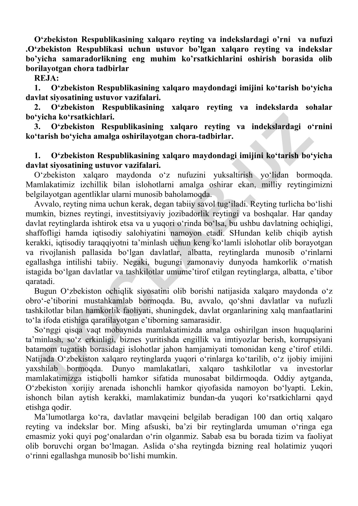 O‘zbekiston Respublikasining xalqaro reyting va indekslardagi o‘rni va nufuzi
