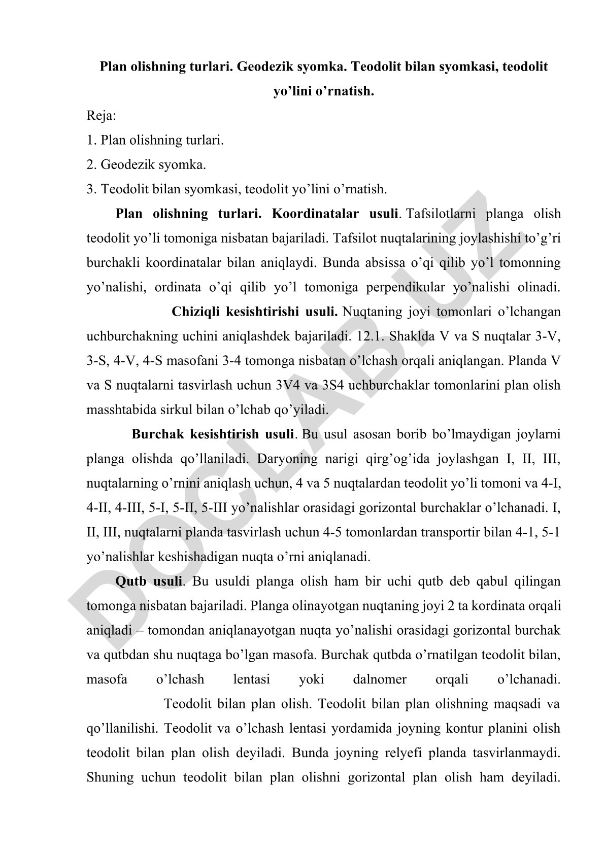 Geodezik syomka va teodolit yo'li bilan plan olish usullari
