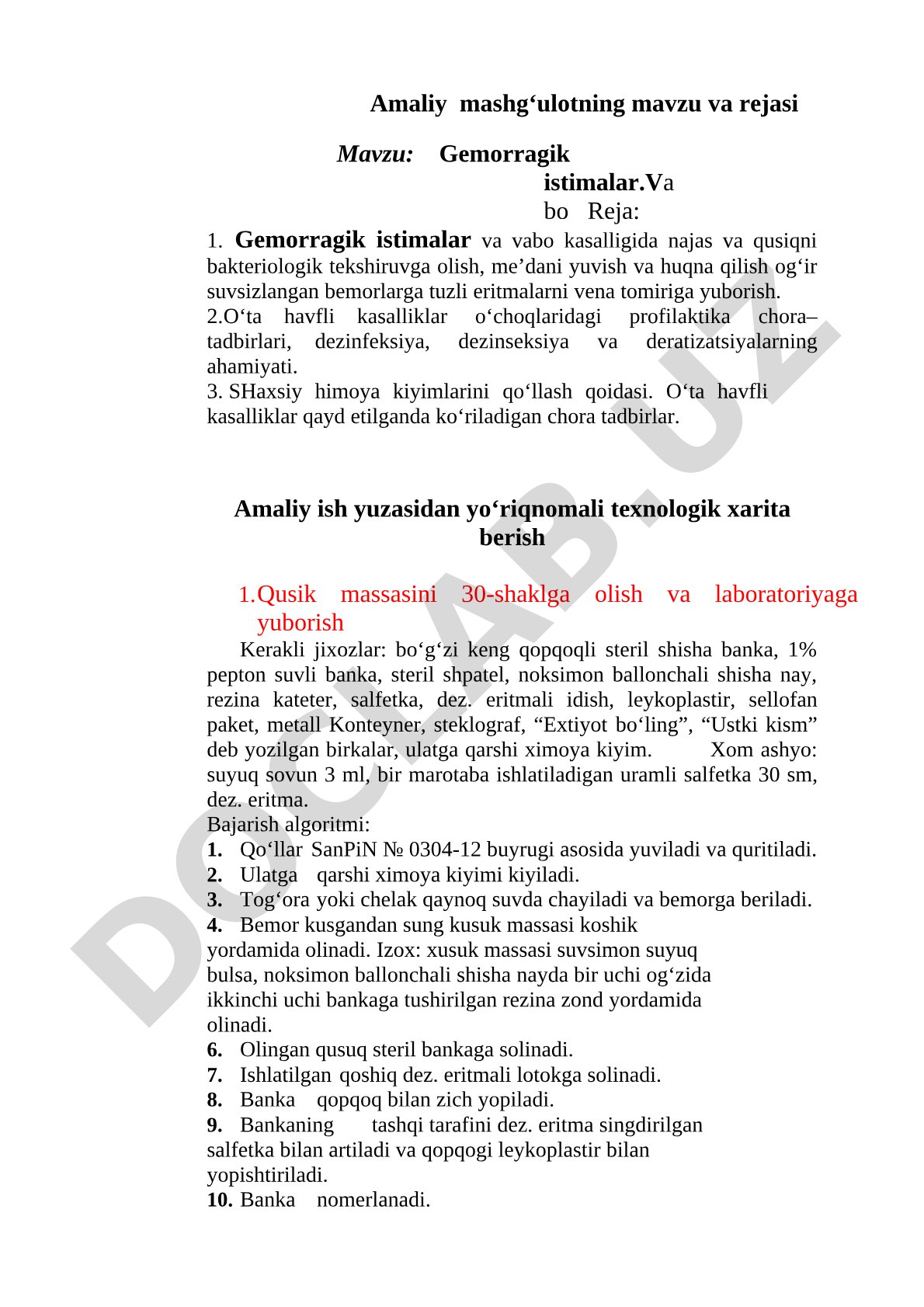 Amaliy mashg'ulot mavzusi: Gemorragik istimalar va vabo kasalligida bakteriologik