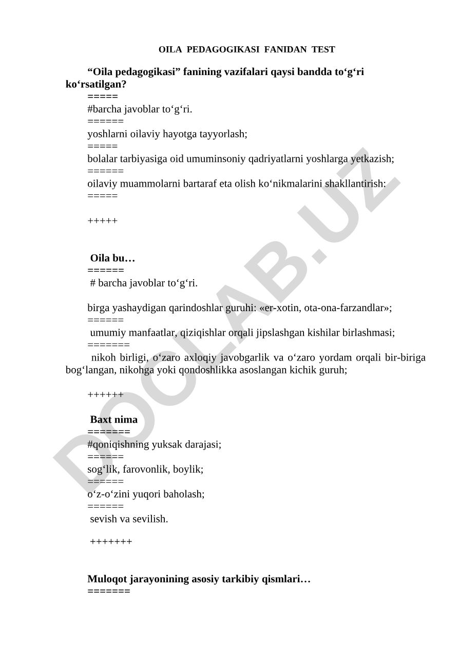 Oila pedagogikasi fanidan test savollari