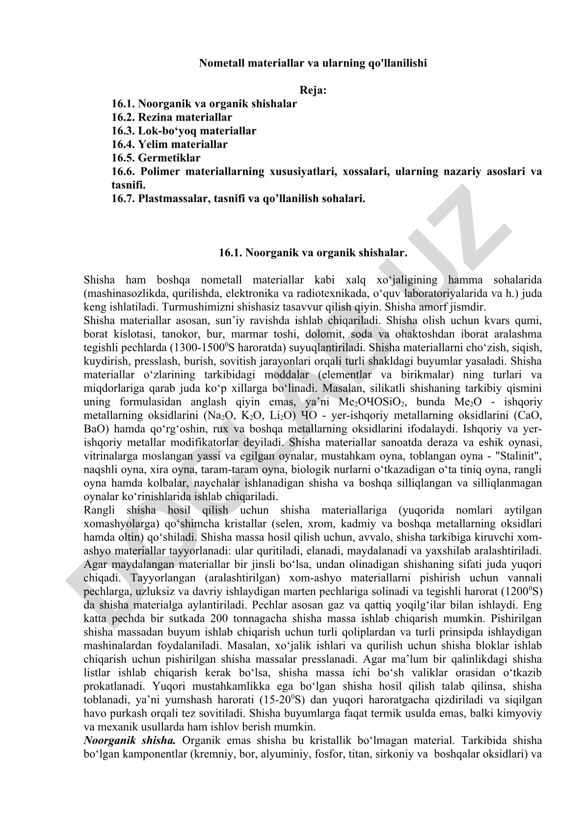 Nometall materiallar va ularning qo'llanilishi
