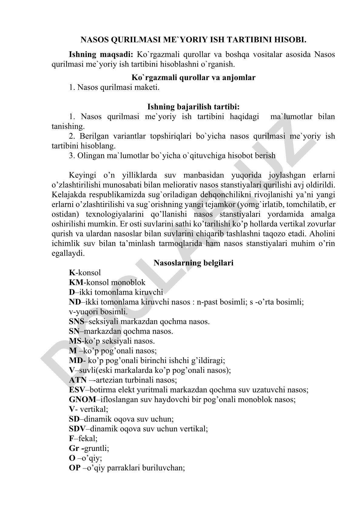 Nasos qurilmasi me'yoriy ish tartibini hisobi