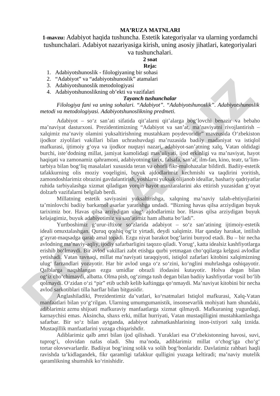 Adabiyot haqida tushuncha, estetik kategoriyalar va adabiyot nazariyasiga kirish
