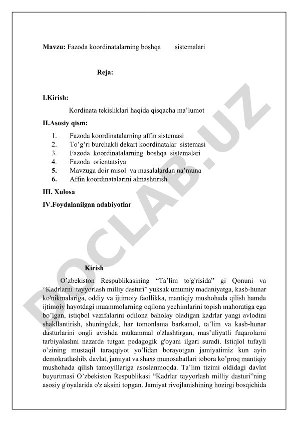 Fazoda koordinatalarning boshqa sistemalari
