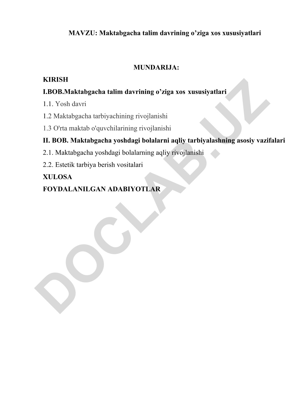 Maktabgacha talim davrining o’ziga xos xususiyatlari