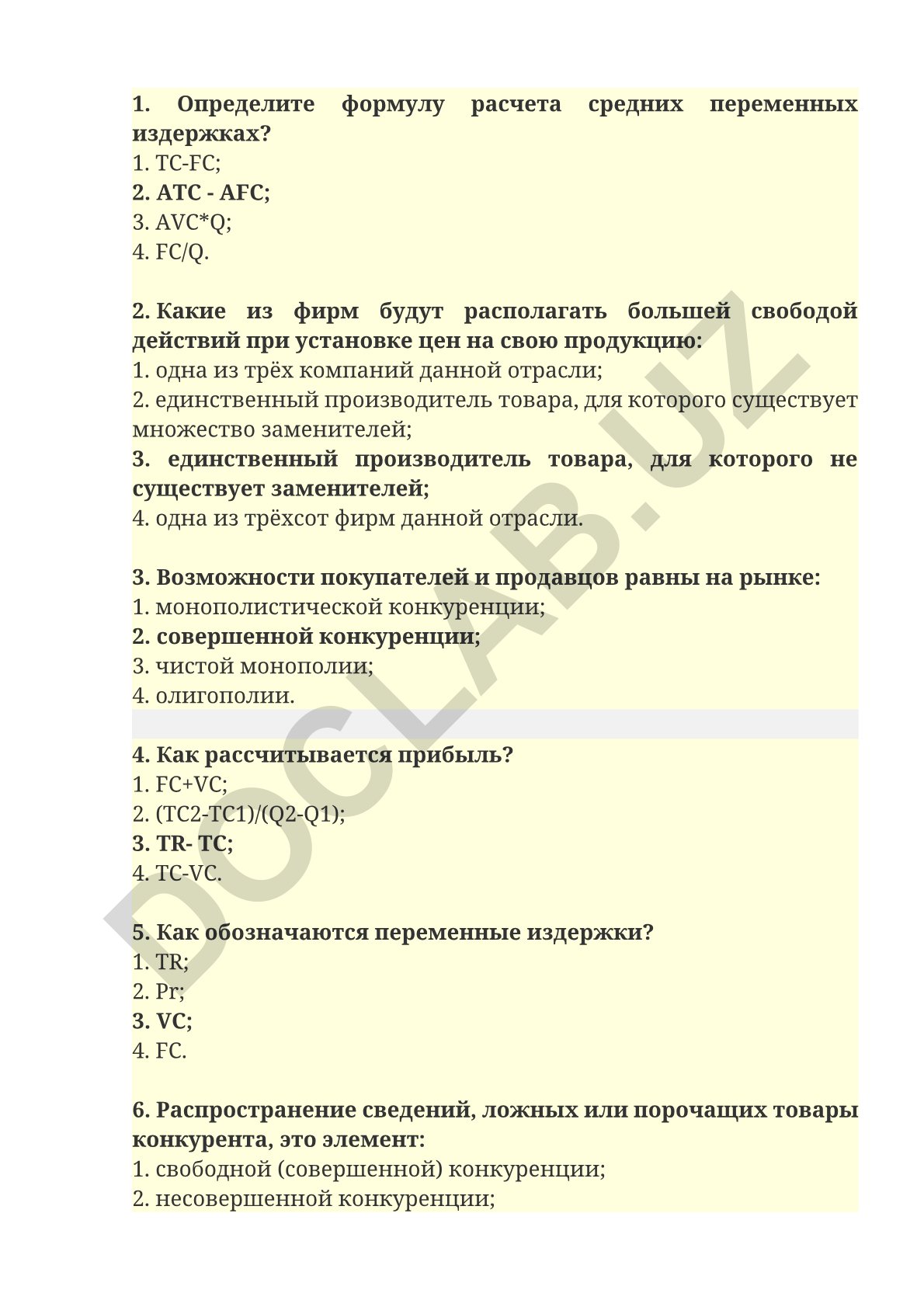 Iqtisodiyot test savollari: narxlar, raqobat va xarajatlar