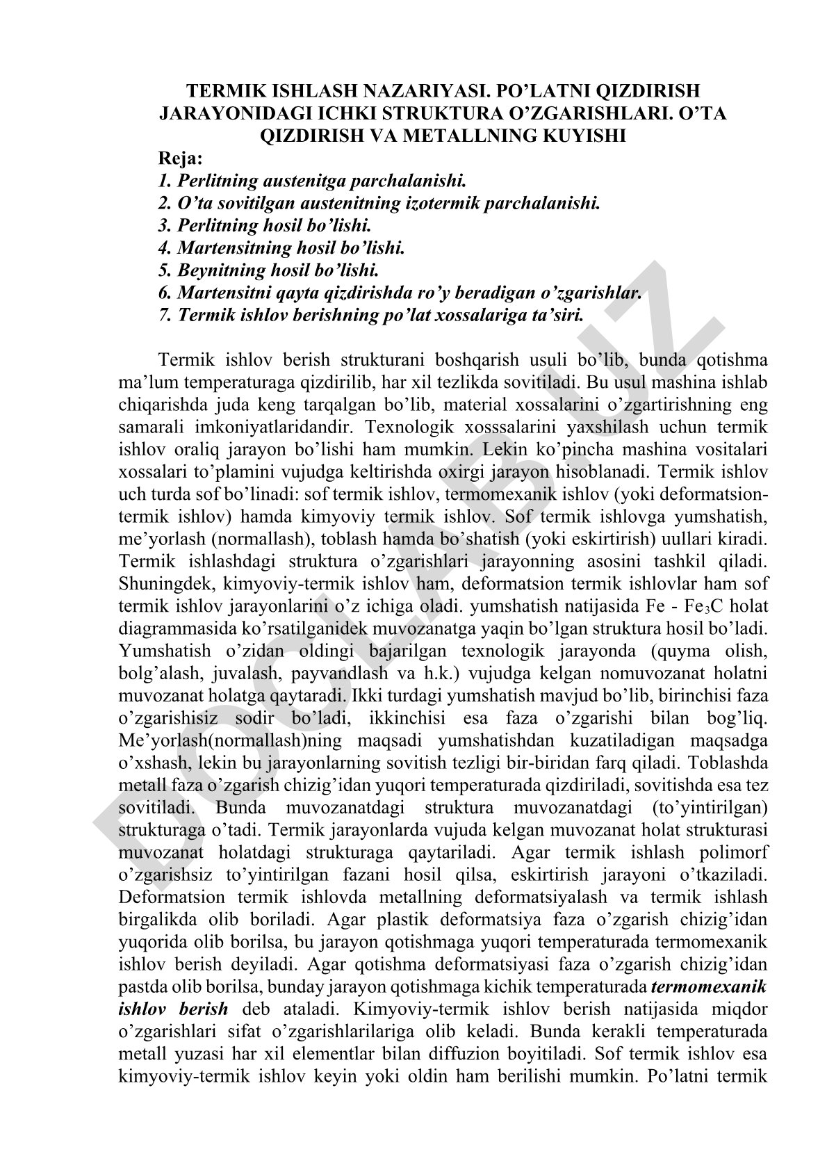Termik ishlash nazariyasi va po'latni qizdirish jarayonidagi ichki struktura o'zgarishlari