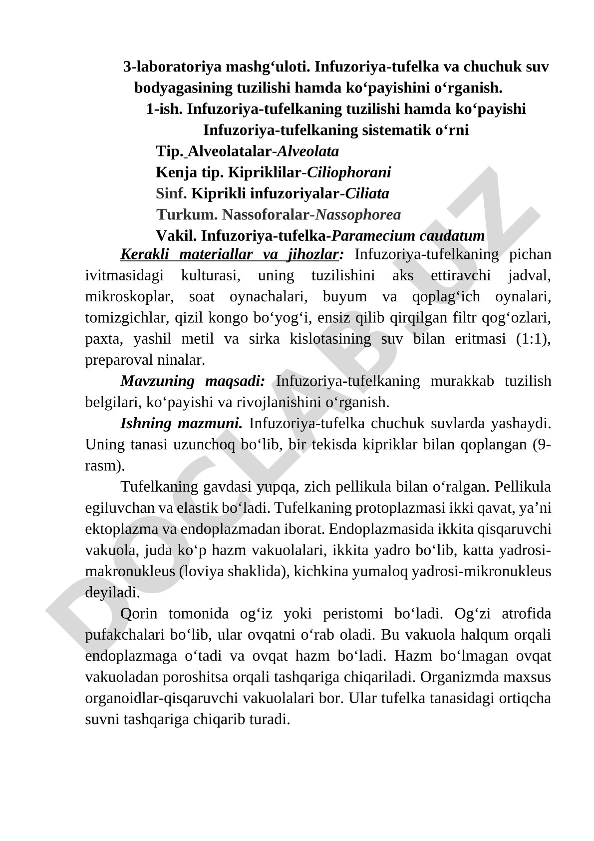 Infuzoriya-tufelka va chuchuk suv bodyagasining tuzilishi hamda ko‘payishini o‘rganish