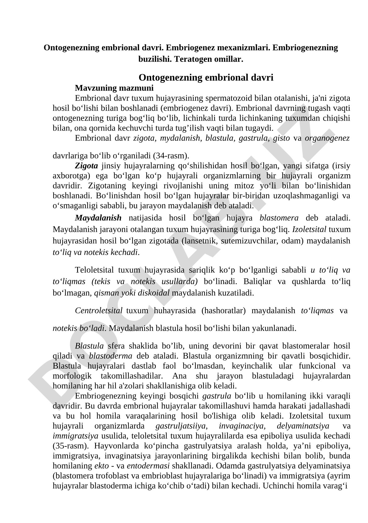Ontogenezning embrional davri va embriogenez mexanizmlari