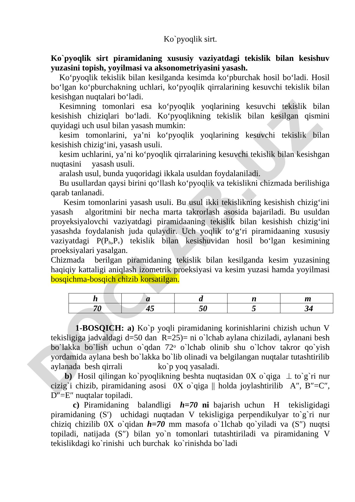 Ko'pyoqlik sirt piramidaning xususiy vaziyatdagi tekislik bilan kesishuvi