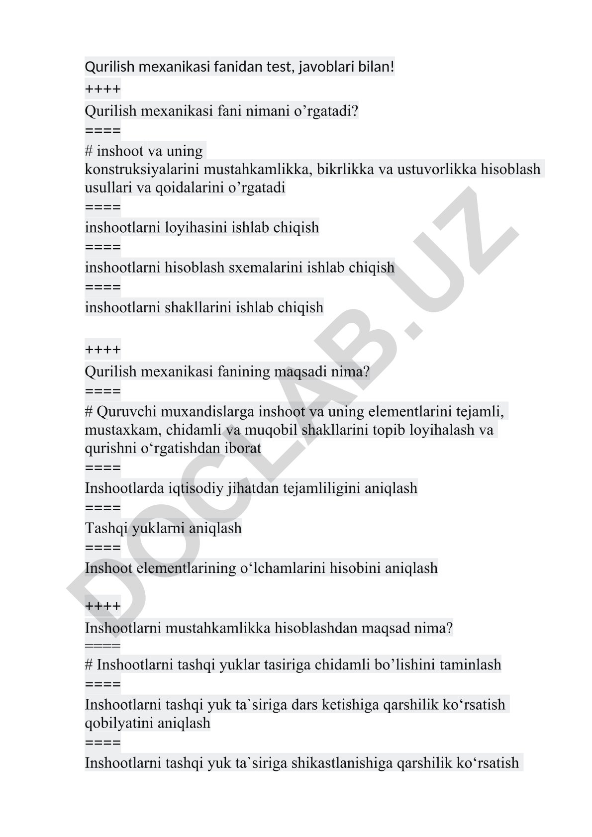 Qurilish mexanikasi fanidan test savollari va javoblari
