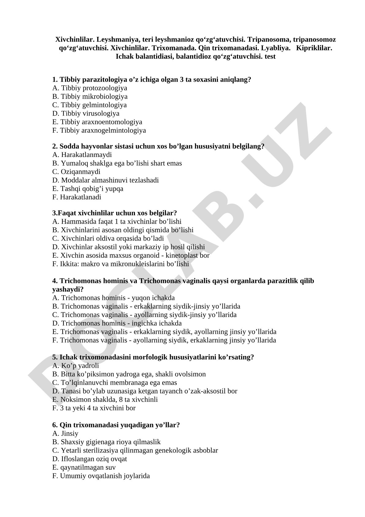 Tibbiy parazitologiya test savollari