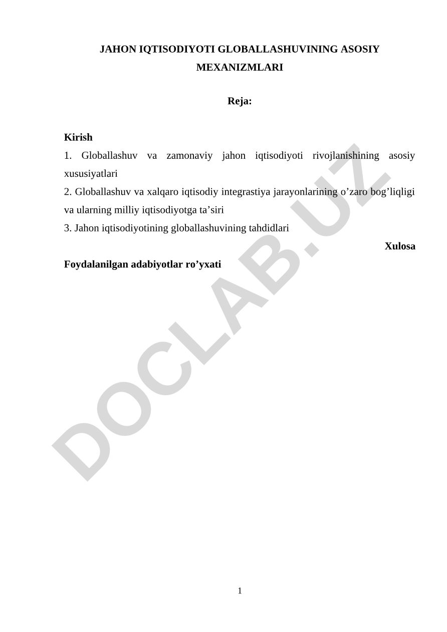 Jahon iqtisodiyoti globallashuvining asosiy mexanizmlari