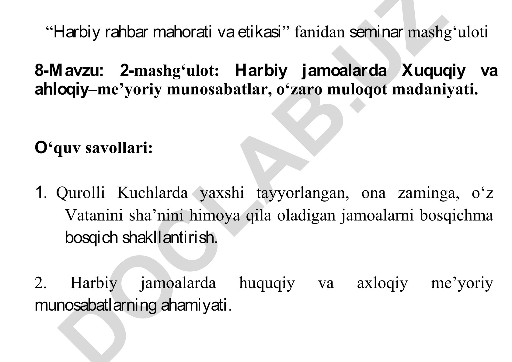 Harbiy jamoalarda huquqiy va axloqiy-me'yoriy munosabatlar, o'zaro muloqot madaniyati