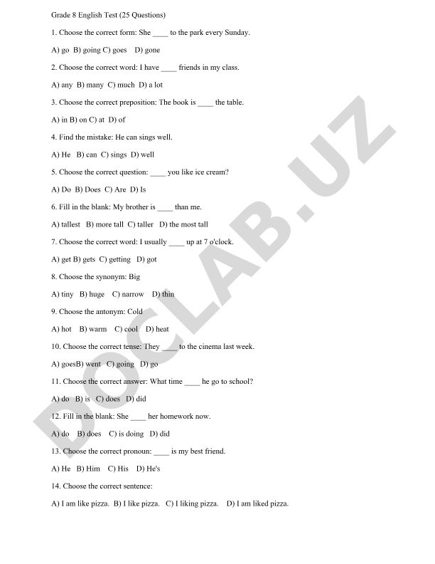 Grade 8 English Test