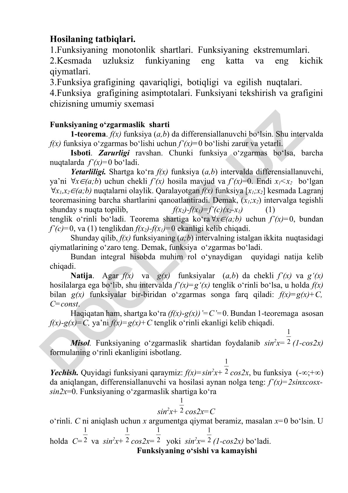 Funksiyalar hosilasi va grafik tahlili