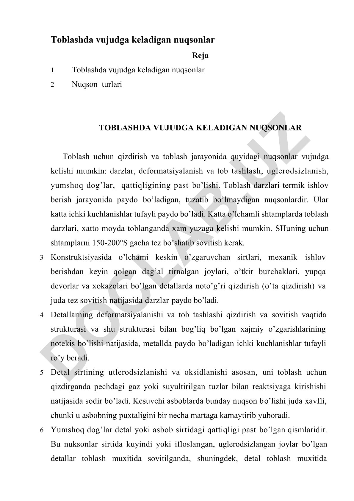 Toblashda vujudga keladigan nuqsonlar