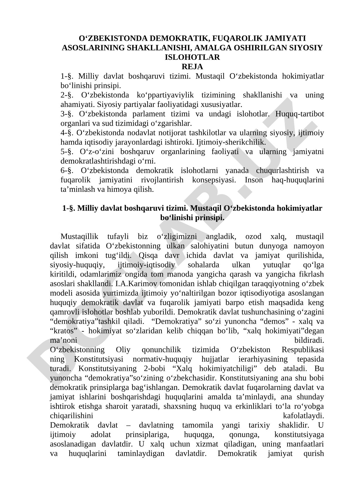 O‘zbekistonda demokratik, fuqarolik jamiyati asoslarining shakllanishi, amalga oshirilgan siyosiy islohotlar