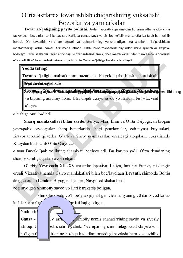 O'rta asrlarda tovar ishlab chiqarish va savdoning yuksalishi