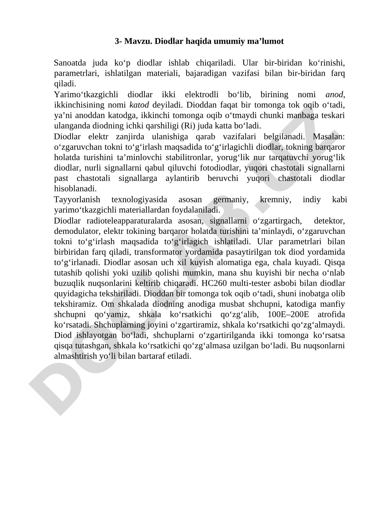 Diodlar haqida umumiy ma'lumot