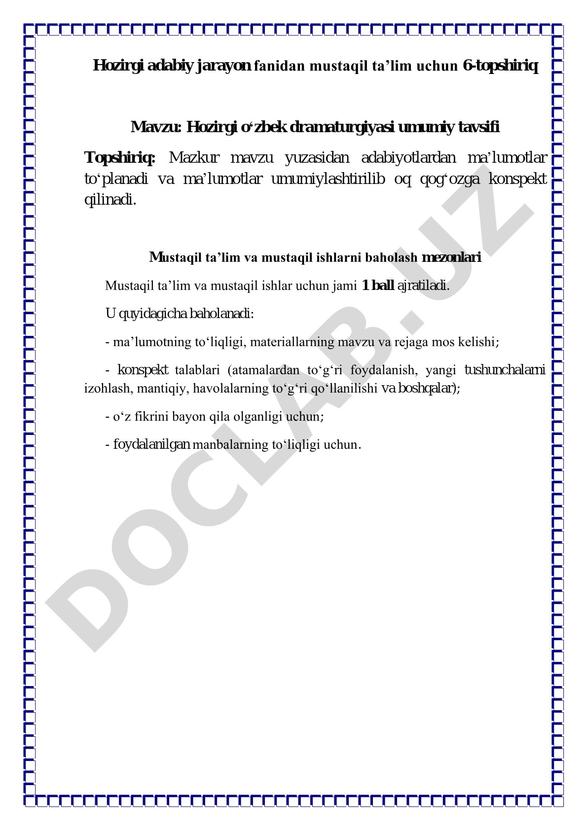 Hozirgi o‘zbek dramaturgiyasi umumiy tavsifi