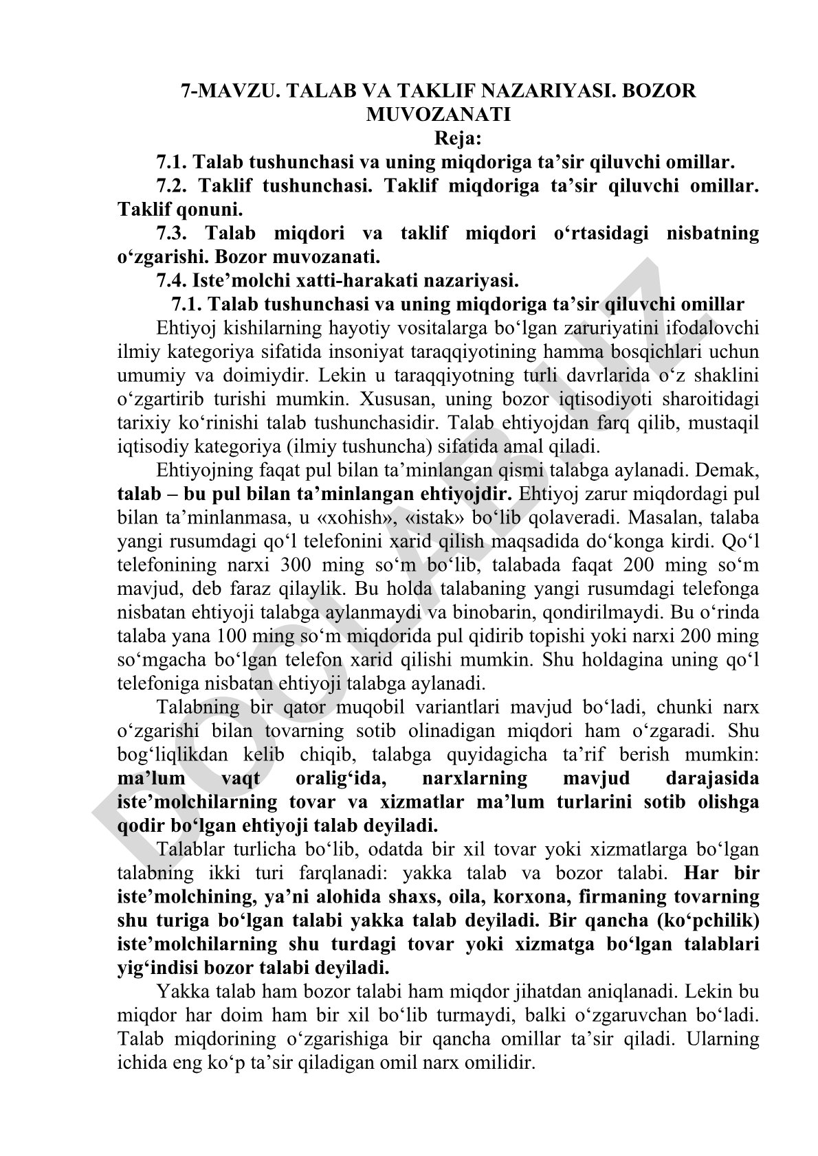 Talab va taklif nazariyasi. Bozor muvozanati