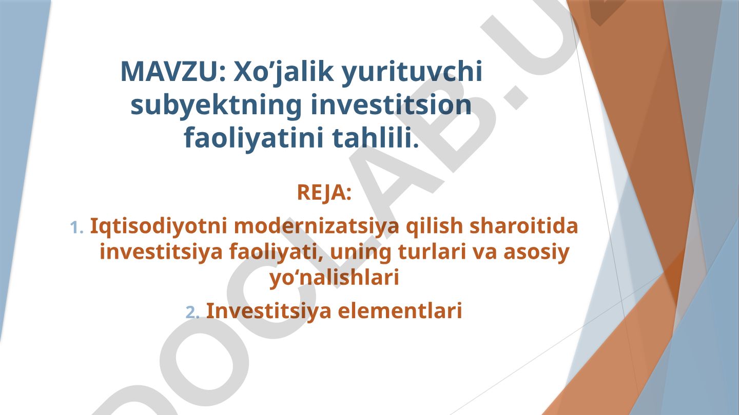 Xo’jalik yurituvchi subyektning investitsion faoliyatini tahlili