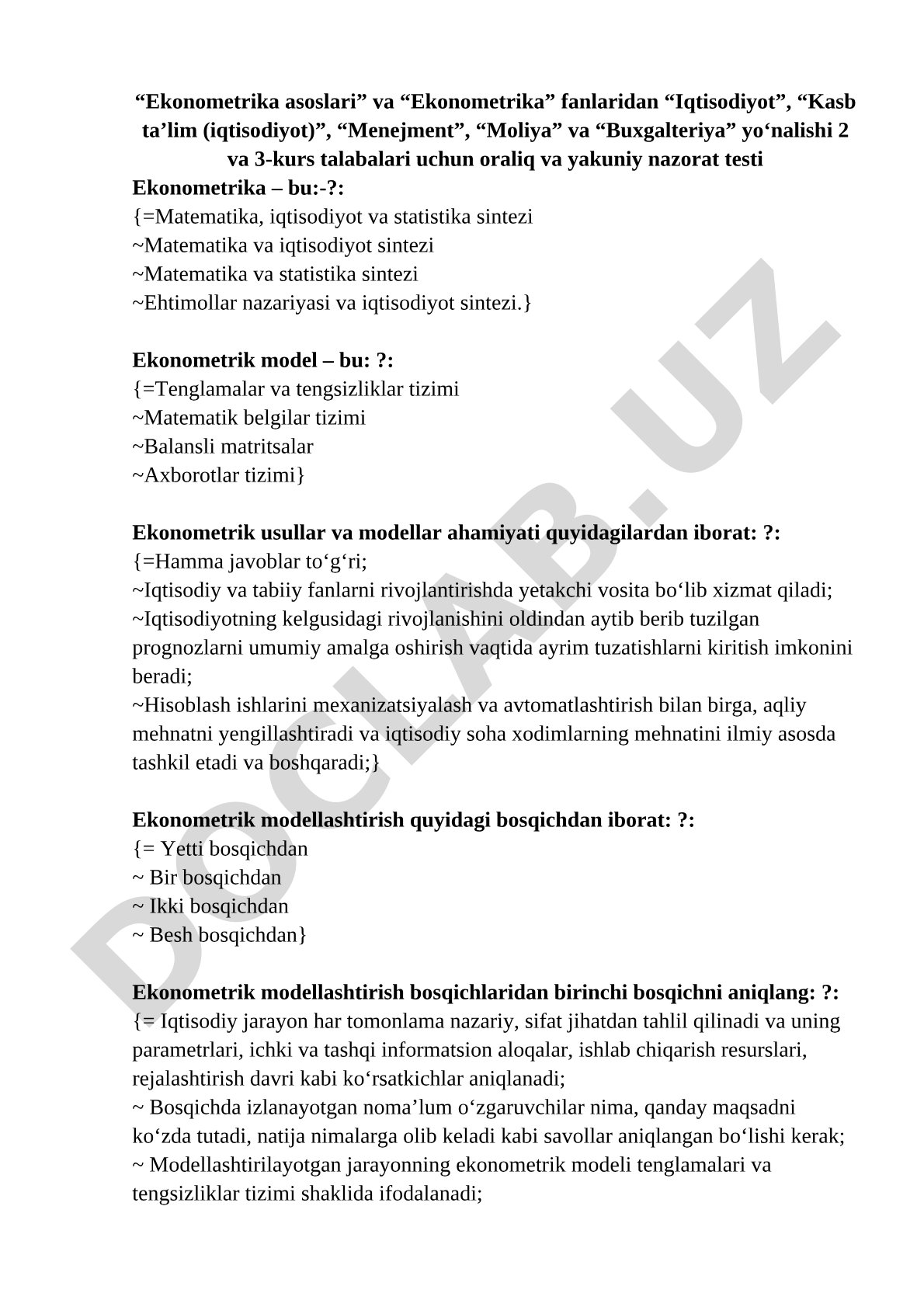 Ekonometrika fanidan test savollari