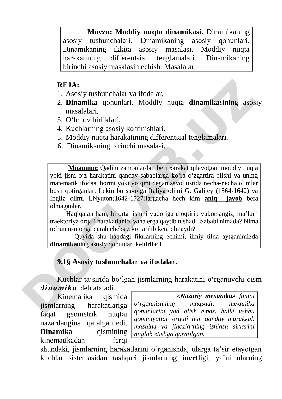 Moddiy nuqta dinamikasi. Dinamikaning asosiy tushunchalari va qonunlari