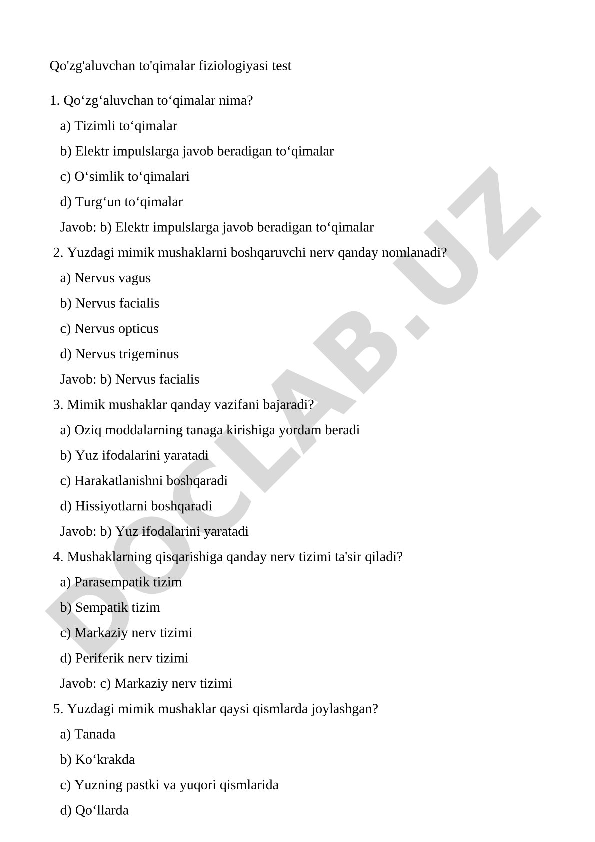 Qo'zg'aluvchan to'qimalar fiziologiyasi test1