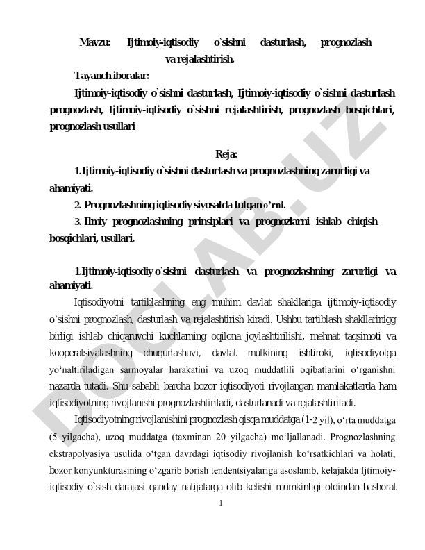 Ijtimoiy-iqtisodiy o`sishni dasturlash, prognozlash va rejalashtirish