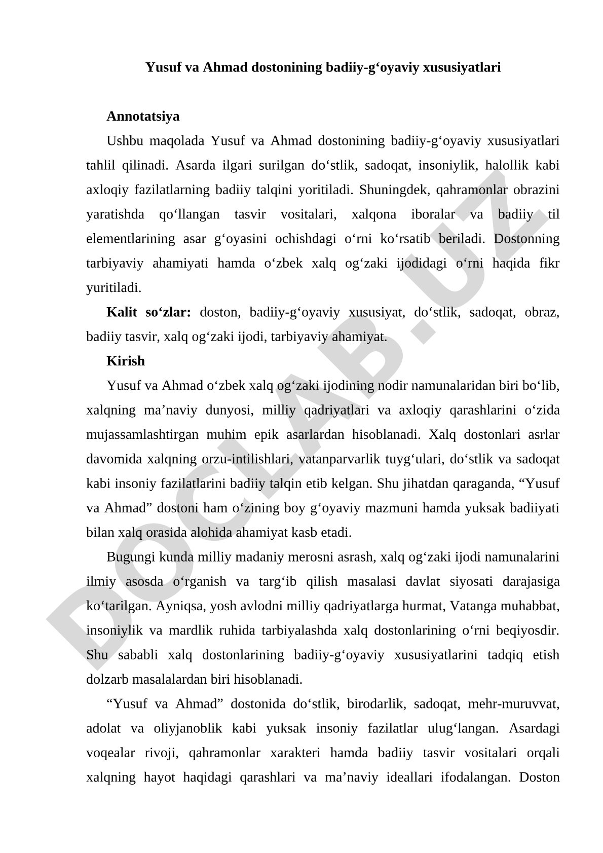 Yusuf va Ahmad dostonining badiiy-g'oyaviy xususiyatlari