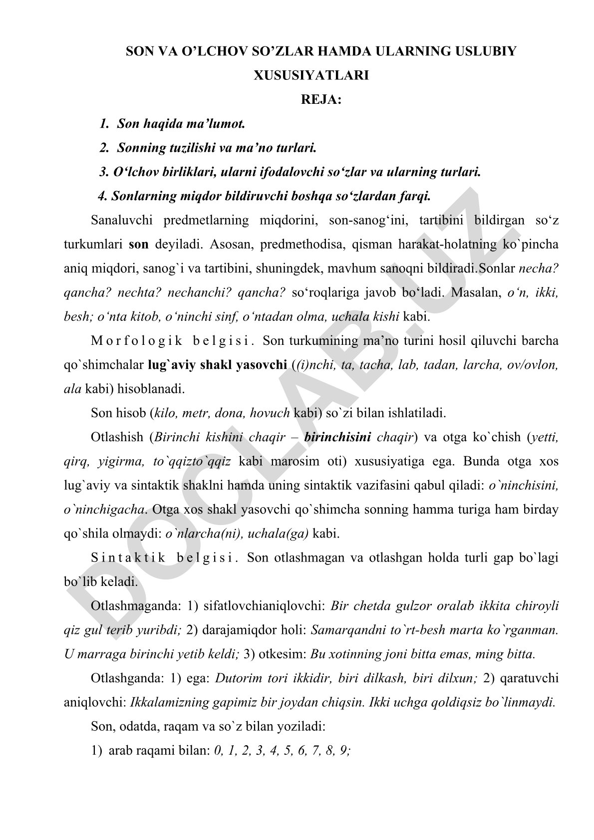 Son va o‘lchov so‘zlar hamda ularning uslubiy xususiyatlari