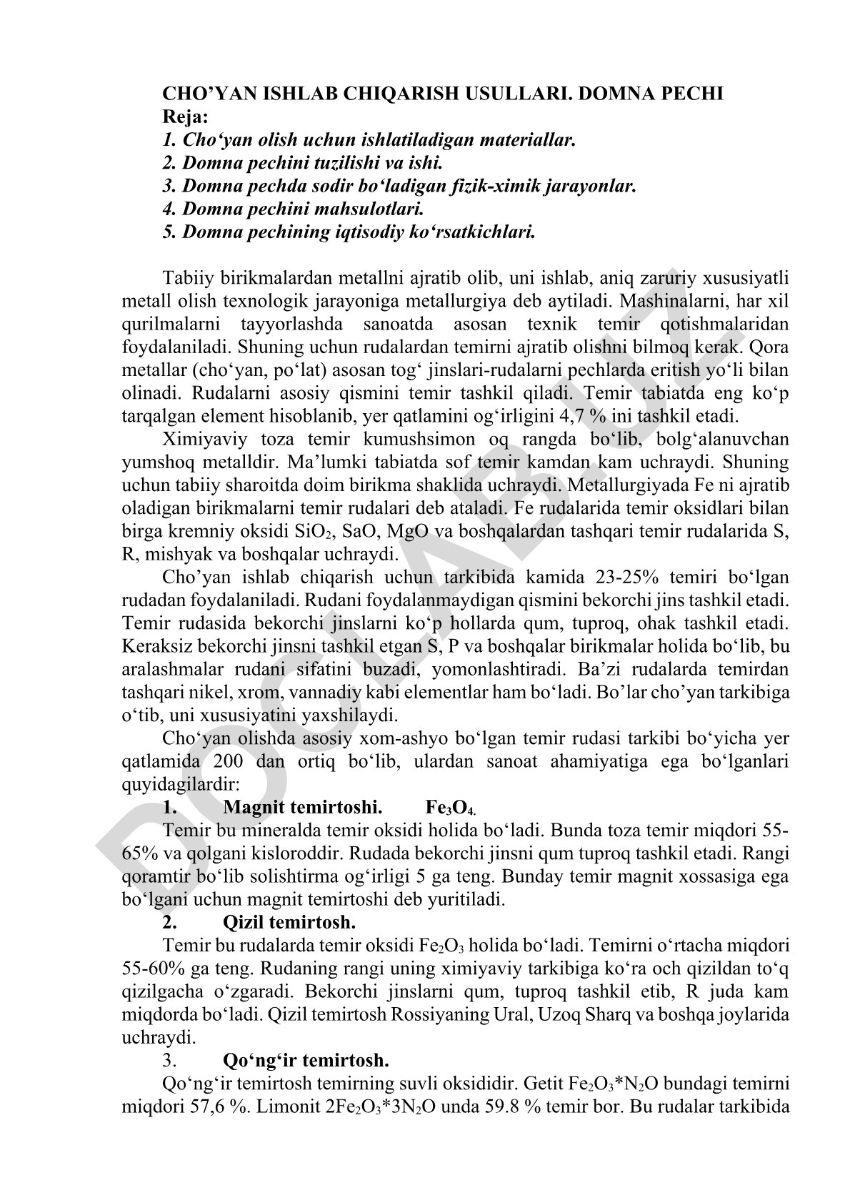 Cho'yan ishlab chiqarish usullari va domna pechi