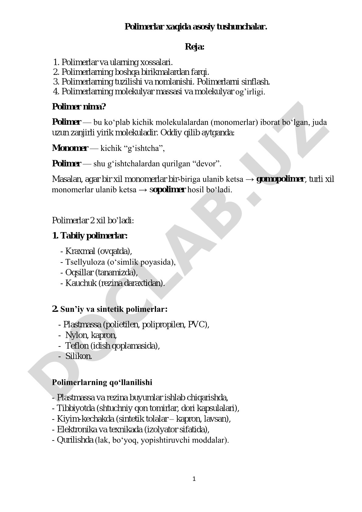 Polimerlar haqida asosiy tushunchalar