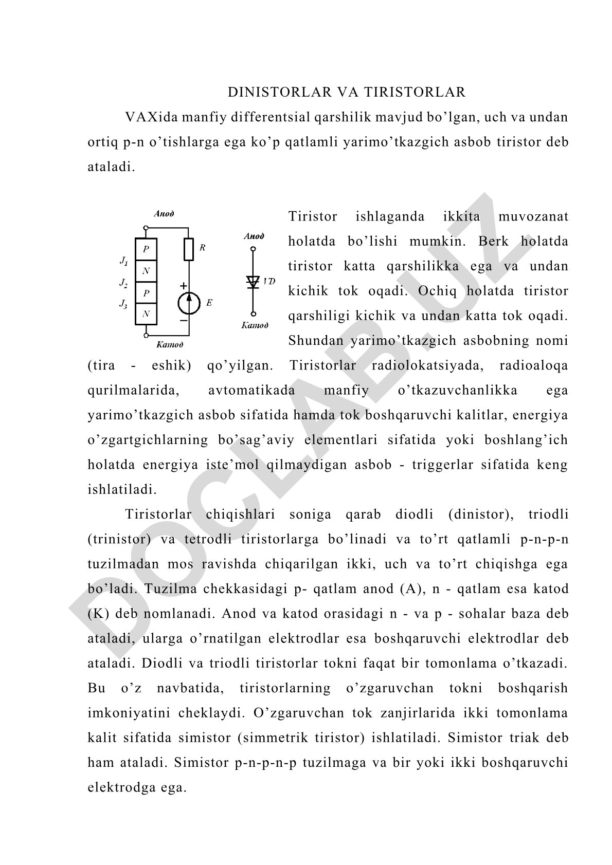 Tiristorlar va dinistorlar: tuzilishi, ishlash prinsipi va qo'llanilishi