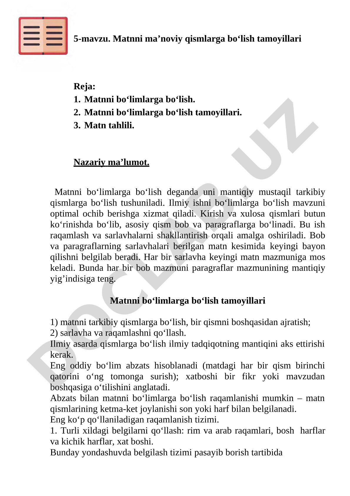 Matnni ma’noviy qismlarga bo‘lish tamoyillari