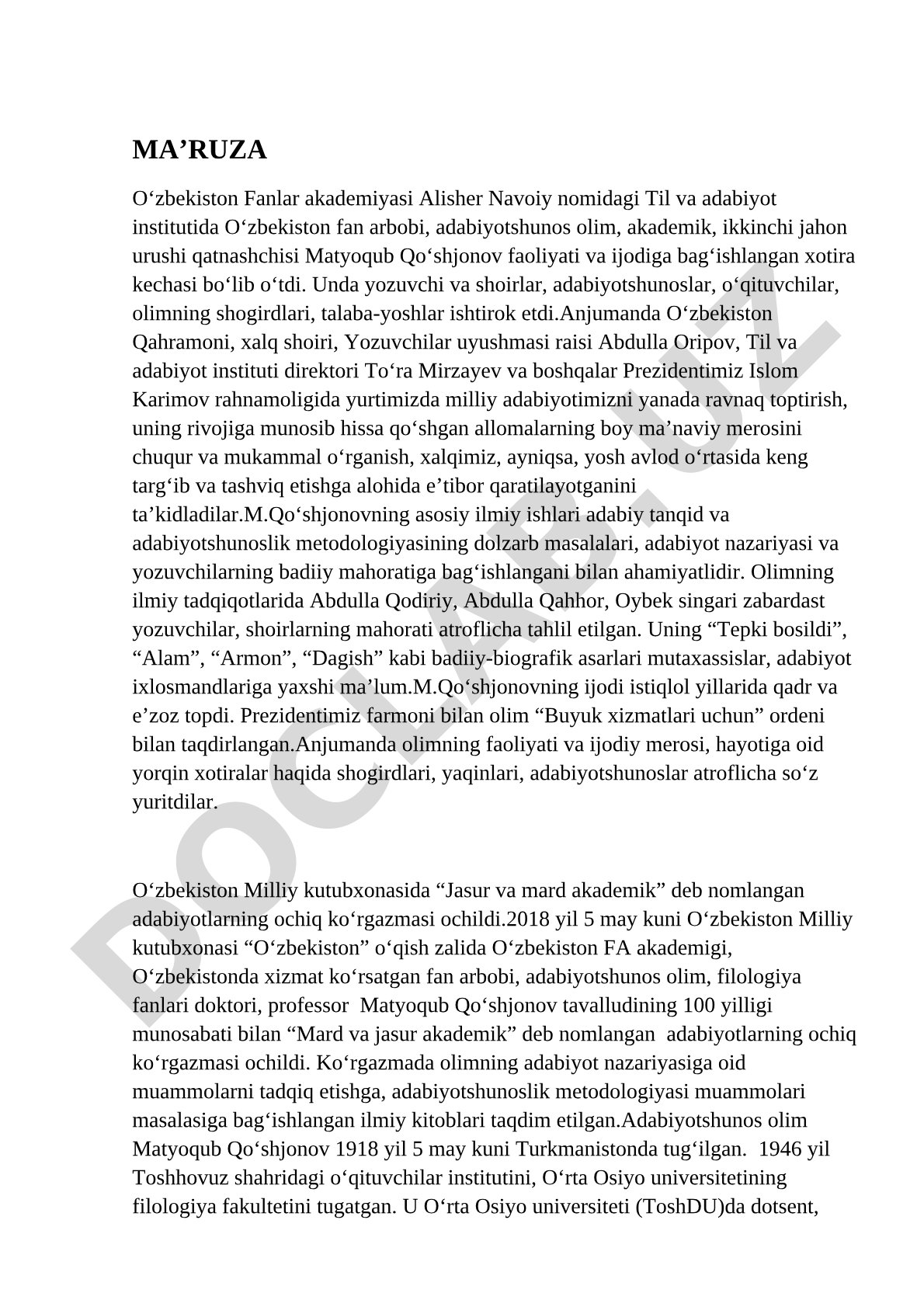 Akademik Matyoqub Qo'shjonov xotirasiga bag'ishlangan kecha