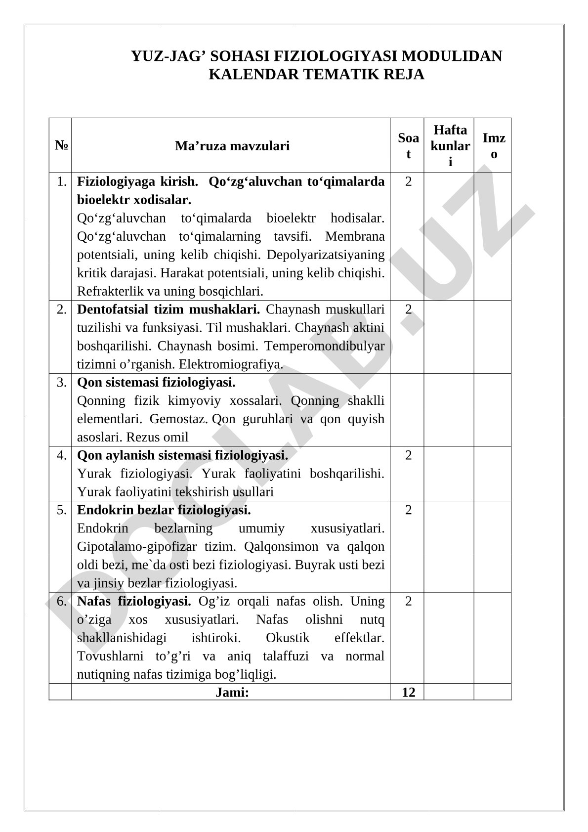 Yuz-jag' sohasi fiziologiyasi modulidan kalendar tematik reja