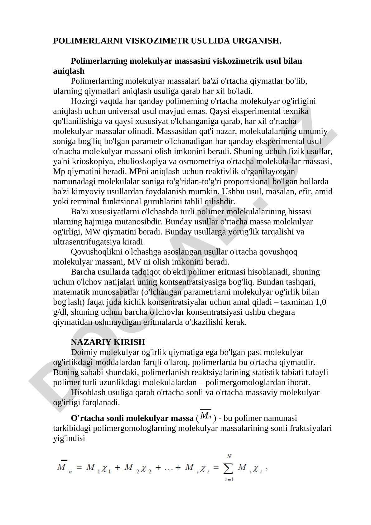 Polimerlarni viskozimetr usulida o'rganish