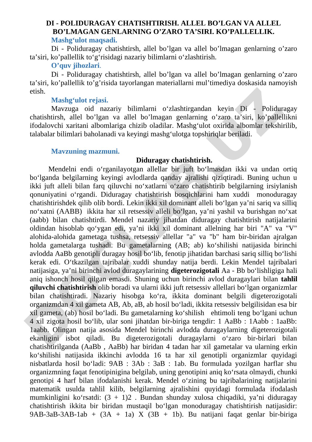 Di - Poliduragay chatishtirish va allel genlarning o'zaro ta'siri