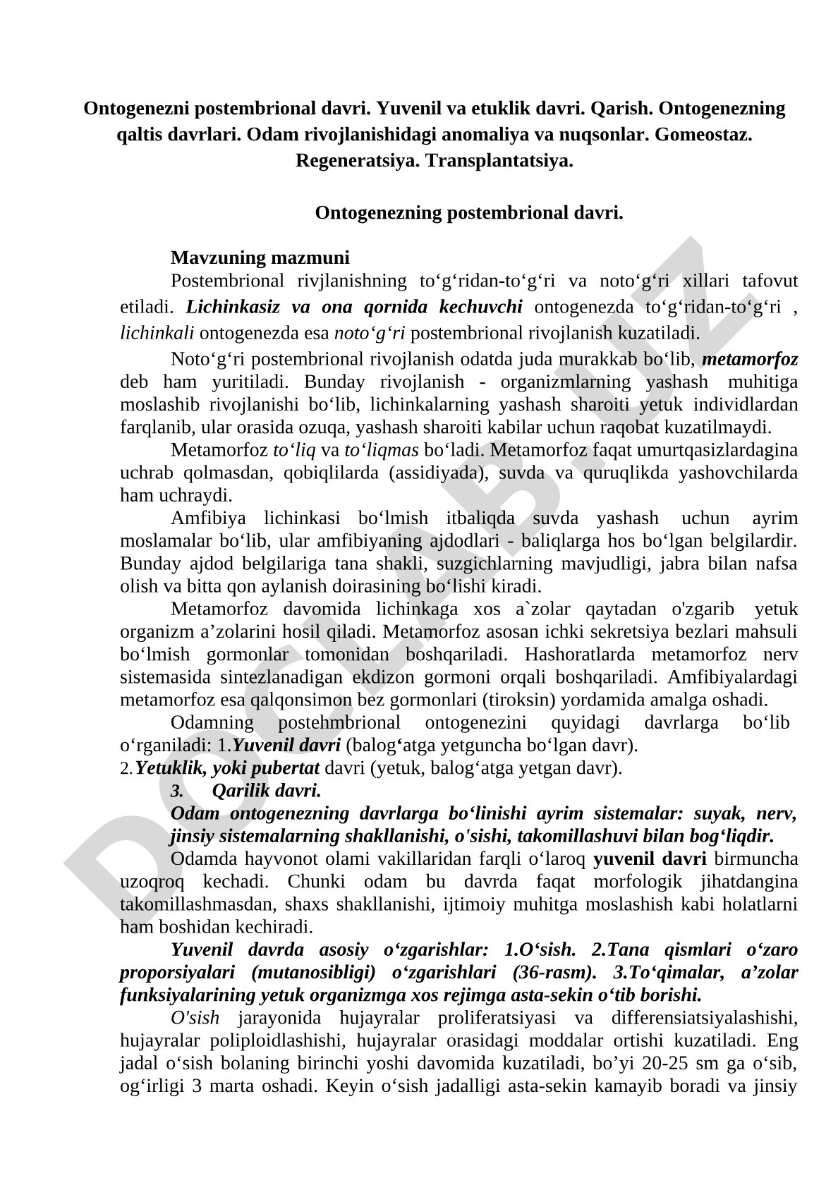 Ontogenezning postembrional davri, yuvenil va etuklik davri, qarish
